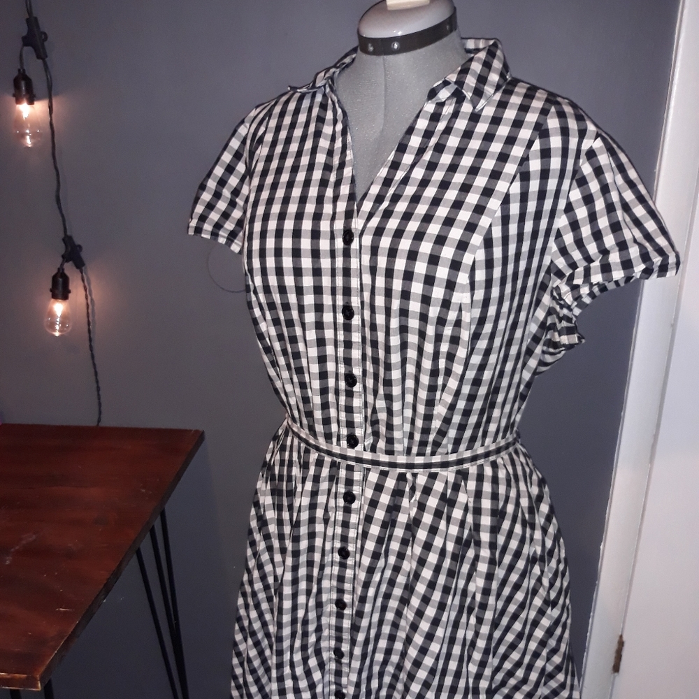 Black White Gingham Plaid Checks Button Down Dress Fit And Flare Pockets